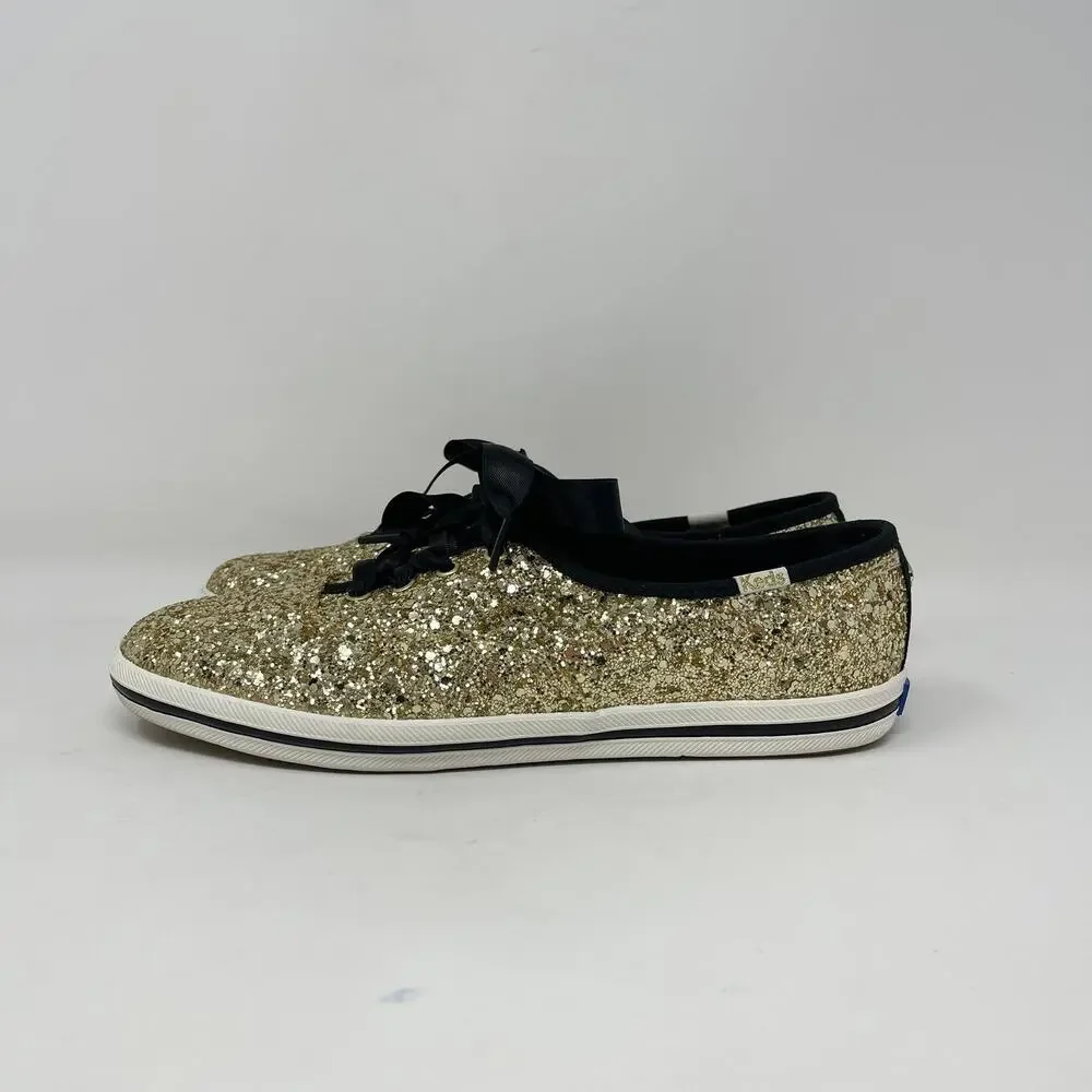 Keds x‎ Kate Spade Glitter Lace Up Sneaker Womens 7 Gold Glitter Black Ribbons